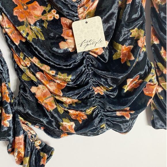 Free People Reina Off The Shoulder Romantic Crushed Velvet Top Blue/Pink- XS NWT - Picture 10 of 14